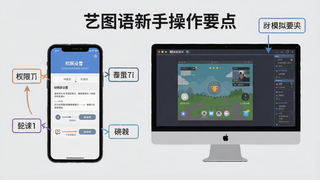 一张展示艺图语新手操作要点的信息图,画面主体是一部手机和一台电脑并排摆放,布局为左右对比,手机屏幕显示权限设置界面,电脑屏幕显示模拟器运行界面,风格为扁平化教学插图,细节上带有简单的箭头和标注框,背景为浅灰色,画质清晰,干净无多余元素