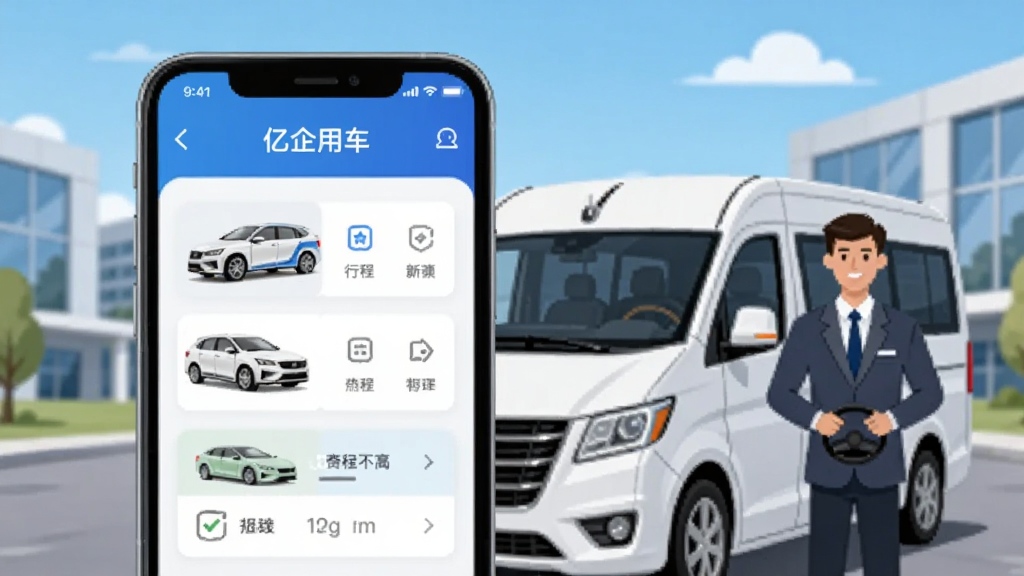 画面中央是一部智能手机,屏幕上显示着“亿企用车”应用程序的主界面,界面设计简洁商务,带有车辆列表和行程卡片。手机后方是一辆白色商务车和一位穿着职业装的司机形象,背景是现代企业园区和蓝天。布局采用左右对称构图,左侧手机,右侧车辆与人物。风格为扁平化插画,细节包括界面上的图标、车辆线条和人物服饰纹理。画质清晰干净,无多余元素。