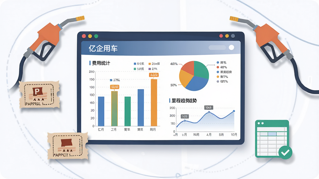 画面中心是一块悬浮的数据看板,上面显示“亿企用车”的费用统计图表,包括柱状图、饼图和里程趋势线。看板周围环绕着加油枪、停车票和电子表格等图标。布局为居中环绕式,风格为科技感扁平插画,细节包括图表上的数字标签、颜色区分和图标阴影。画质清晰,干净,无多余元素。