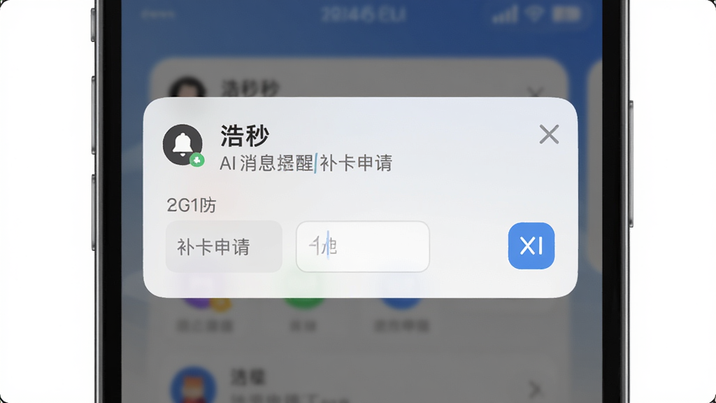 AI生图,画面展示“浩秒”消息提醒与补卡申请界面,主体为手机屏幕弹出通知卡片,布局采用上下分层,风格偏向轻拟物设计,细节包括铃铛图标与表单输入框,画质清晰,画面整洁,无多余元素