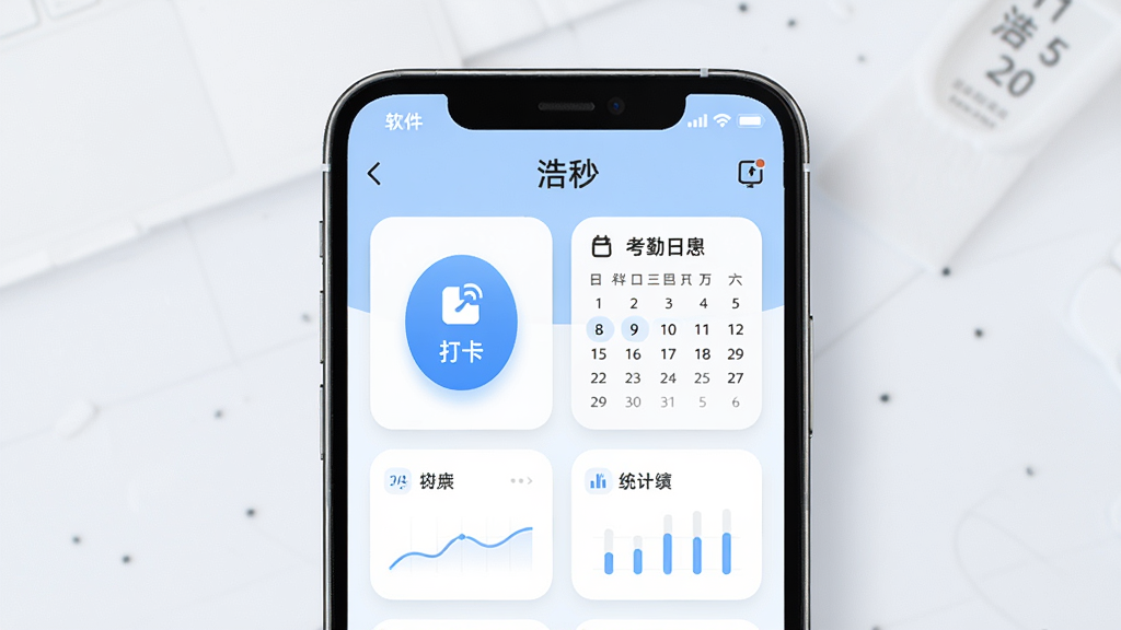 软件主界面预览图,画面中央放置一部智能手机,屏幕显示“浩秒”应用主页,包含打卡按钮、考勤日历和统计卡片,整体布局简洁对称,采用浅蓝色与白色为主的清新商务风格,细节处可见图标圆角与柔和阴影,画质清晰干净,无多余元素