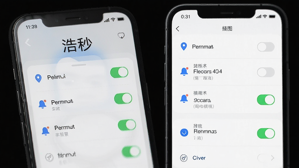 AI生图,画面展示“浩秒”应用在手机上的权限设置引导页,主体为手机屏幕与权限开关列表,布局采用纵向列表,风格为简洁浅色,细节包含定位图标与通知图标,画质清晰,背景干净,无多余元素