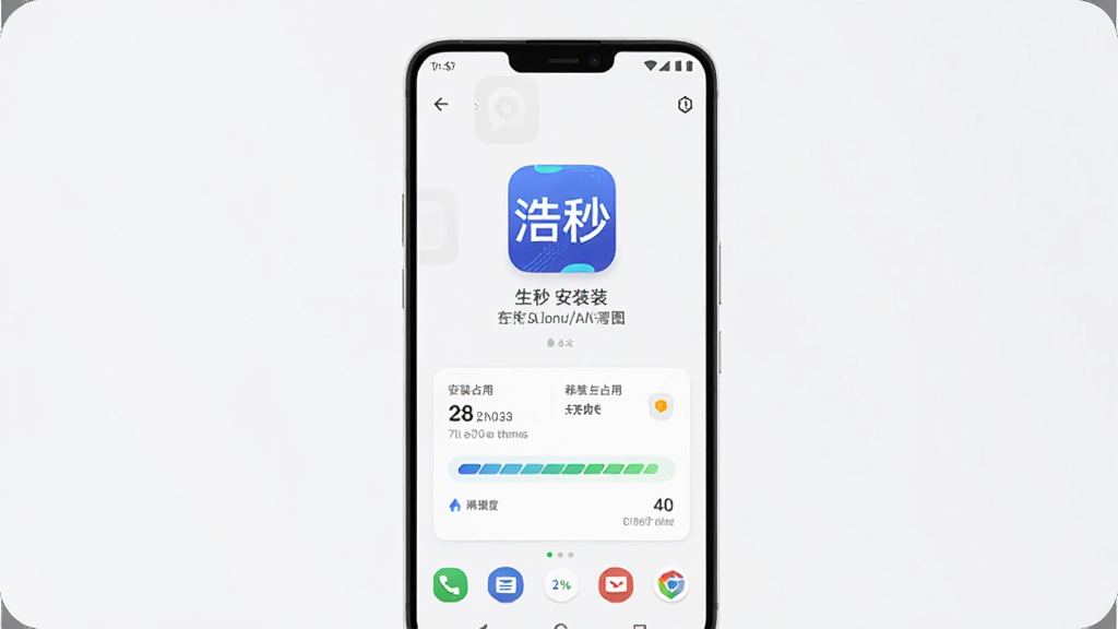 AI生图,画面展示“浩秒”应用在安卓手机上的安装与运行状态,主体为手机与简洁的系统界面,布局采用居中构图,风格为科技浅色风,细节包含存储占用提示与流畅度标识,画质清晰,背景干净,无多余元素