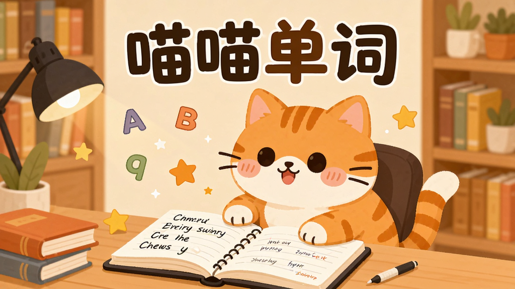 一只可爱的卡通橘猫坐在书桌前,面前摊开一本写满英文单词的笔记本,周围漂浮着字母和星星,背景是温馨的暖色调书房,画面中央上方有醒目的文字“喵喵单词”,排版简洁,风格为扁平化插画,细节丰富,画质清晰,干净,无多余元素