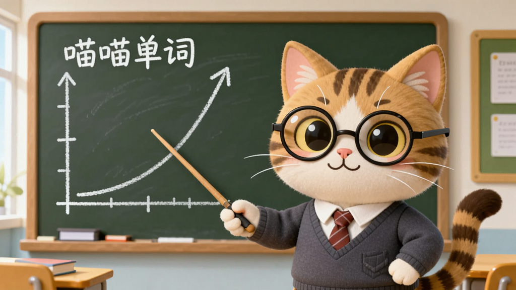一只戴着眼镜的猫咪老师站在黑板前,黑板上画着一条上升的记忆曲线图表,图表旁标注着“喵喵单词”字样,猫咪手持教鞭指向曲线,背景是明亮的教室,风格为卡通教育插画,画面整洁,主体突出,画质细腻,无杂乱元素