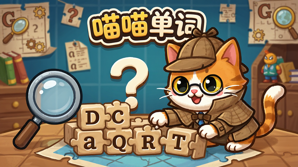 一只穿着侦探服装的猫咪正在破解一个单词拼图,拼图块上写着英文字母,旁边有放大镜和问号,背景是充满谜题元素的房间,画面中央有“喵喵单词”的标识,风格为趣味卡通插画,细节生动,画质清晰,干净,无多余元素