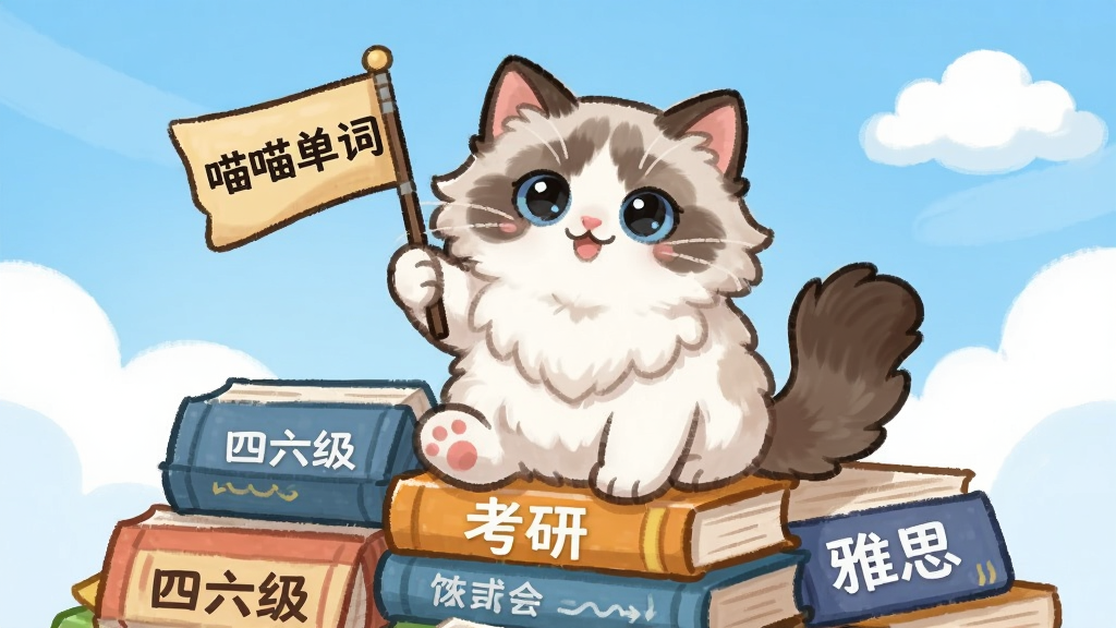 一只可爱的布偶猫坐在由各种单词书堆成的小山上,书本封面写着“四六级”“考研”“雅思”等字样,猫咪手中举着一面写有“喵喵单词”的小旗子,背景是蓝天白云,风格为清新卡通插画,构图饱满,色彩明快,画质干净,无多余元素