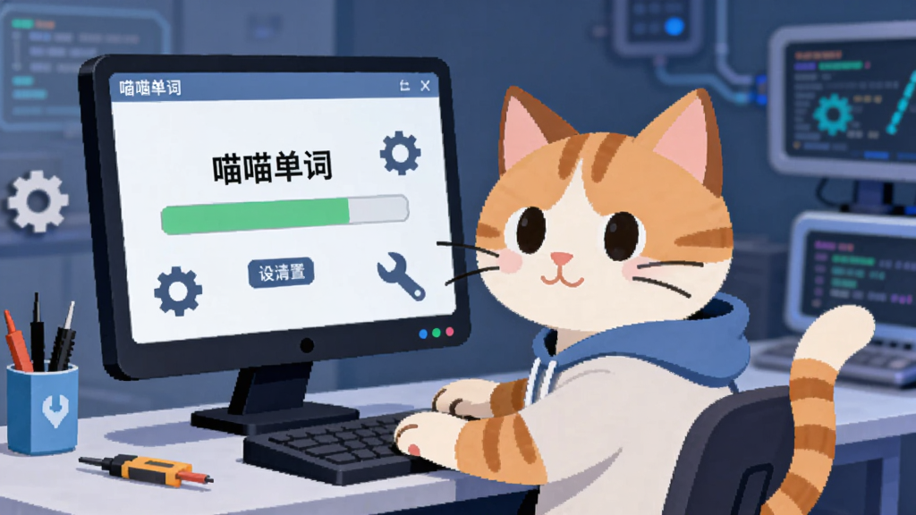 一只猫咪程序员坐在电脑前,屏幕上显示着“喵喵单词”的安装进度条和设置界面,旁边有齿轮和扳手图标,背景是科技感十足的工作台,风格为扁平化科技插画,画面整洁,主体突出,画质清晰,无多余元素