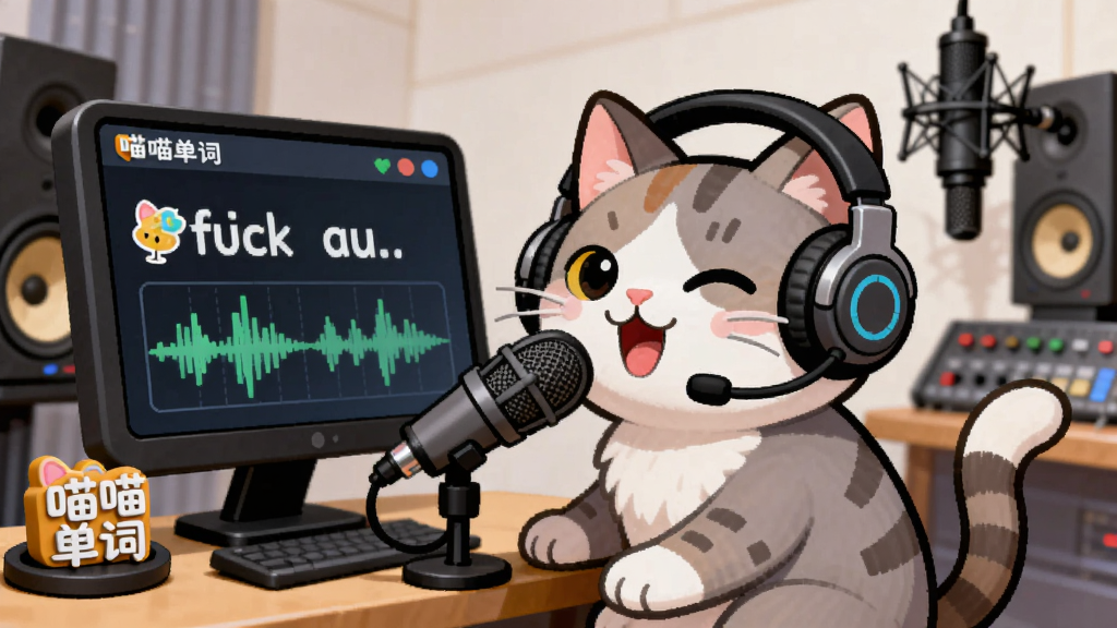 一只戴着耳机的猫咪坐在录音棚里,对着麦克风发音,面前屏幕上显示着英文单词和音波图,旁边有“喵喵单词”的logo,背景是专业的录音设备,风格为现代卡通插画,画面简洁,主体明确,画质优良,无杂乱元素