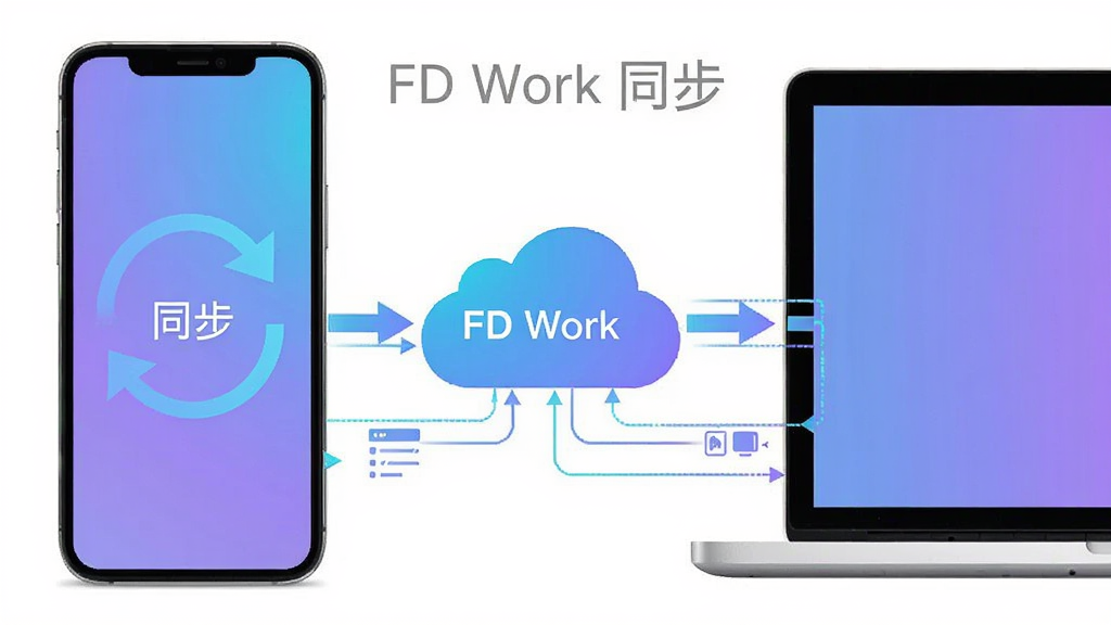 主体为手机与电脑之间数据同步示意图,布局为左右设备通过云图标连接,排版简洁对称,风格为科技渐变风,细节包含同步箭头和数据流线条,画质清晰干净,无多余元素,图片中文字“FD Work 同步”