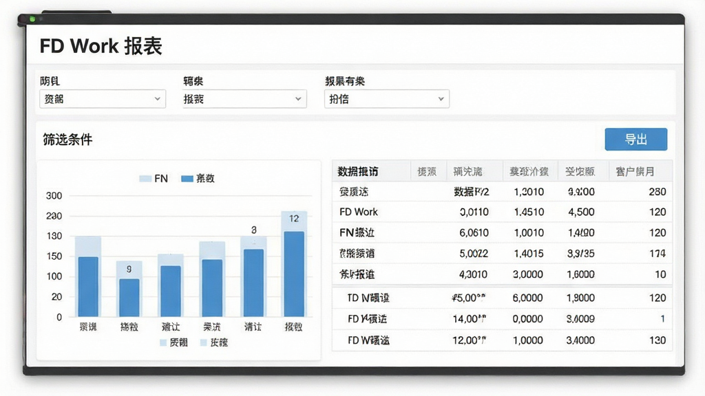 主体为FD Work报表统计页面,布局为上下结构上方筛选条件下方数据表格,排版整齐规范,风格为商务简约白底,细节包含柱状图和导出按钮,画质高清干净,无多余元素,图片中文字“FD Work 报表”