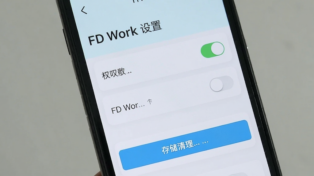 主体为手机屏幕显示FD Work设置界面,布局为纵向列表排版,风格为清新浅色,细节包含权限开关和存储清理按钮,画质清晰干净,无多余元素,图片中文字“FD Work 设置”