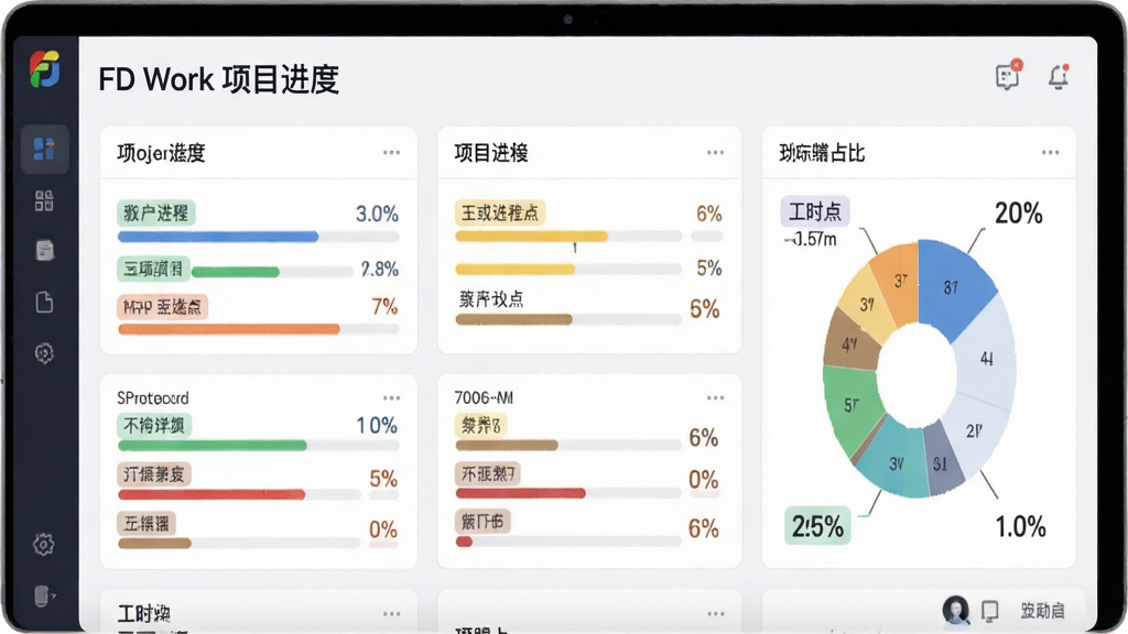主体为FD Work项目看板界面,布局采用多列卡片排列,排版展示不同项目的进度条和工时占比饼图,风格为清爽办公风,细节包含彩色标签和百分比数字,画质细腻干净,无多余元素,图片中文字“FD Work 项目进度”