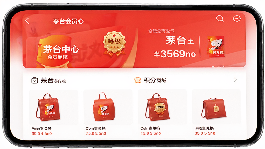 主体为手机屏幕显示i茅台会员中心与积分商城界面,布局为上下分栏,排版清晰,风格为现代电商会员体系视觉,细节包含积分数字、等级徽章与兑换商品缩略图,画质高清,干净,无多余元素