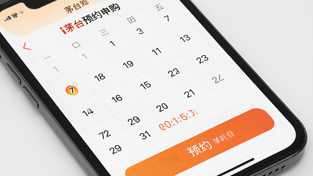 主体为手机屏幕显示i茅台预约申购日历界面,布局为日历网格与申购按钮上下排列,排版规整,风格为现代移动应用界面,细节包含高亮的“预约”按钮与倒计时数字,画质高清,干净,无多余元素