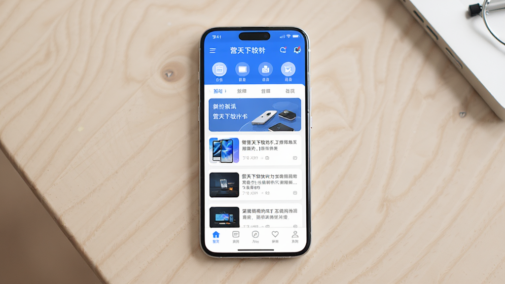 主体是一台智能手机正面展示,布局为手机居中放置于浅色桌面,排版为屏幕内呈现营天下软件首页界面,风格为现代简约科技风,细节包括蓝白配色图标、资讯卡片列表、底部导航栏,画质为高清干净无多余元素