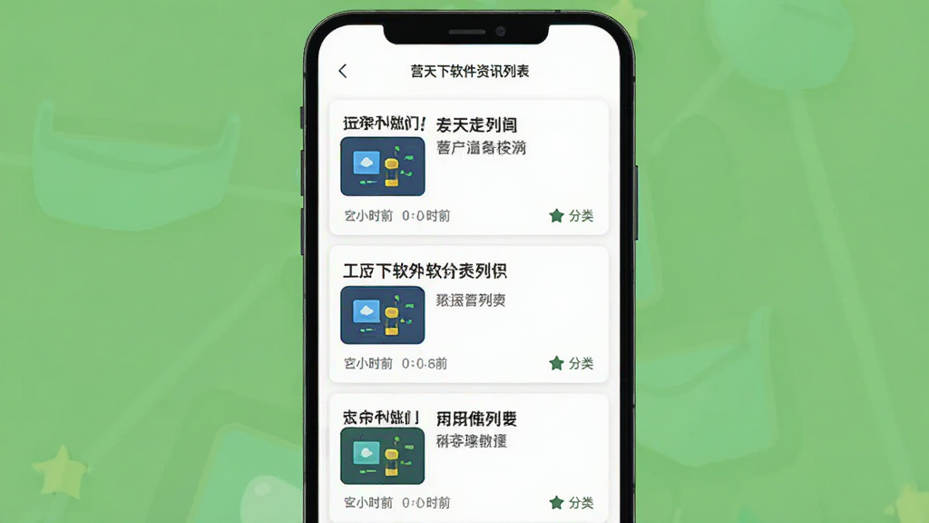 主体是营天下软件资讯列表页面的手机截图风格插画,布局为上下滚动的内容流,排版为多条资讯卡片纵向排列,风格为扁平化UI设计风,细节包括标题文字、缩略图、时间标签、分类图标,画质清晰干净无多余元素