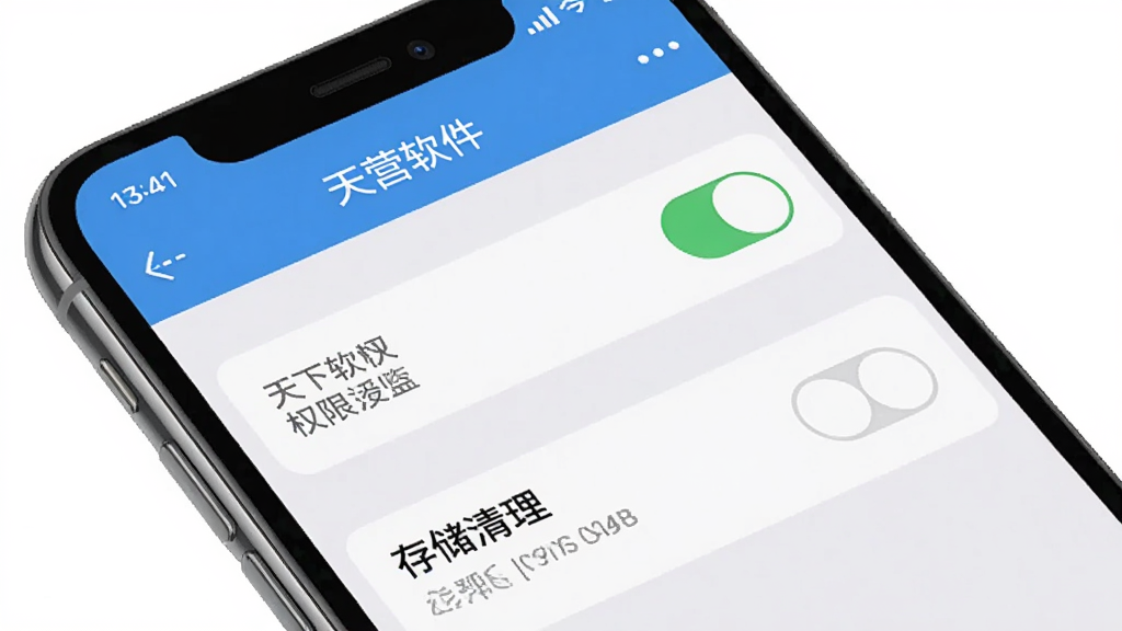 主体是营天下软件在手机上的操作示意图,布局为手机屏幕特写,排版为设置菜单界面,风格为写实UI风格,细节包括营天下软件名称、权限开关按钮、存储清理选项,画质清晰干净无多余元素
