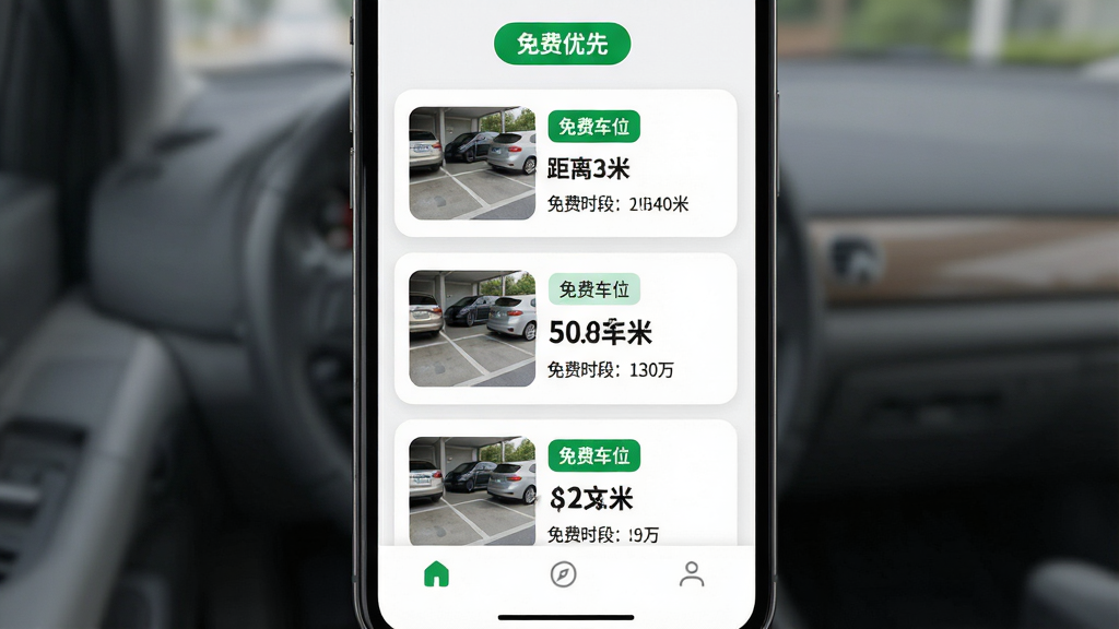 停车位免费查询免费车位优先推荐功能展示,主体为手机屏幕内呈现搜索结果列表,列表顶部有