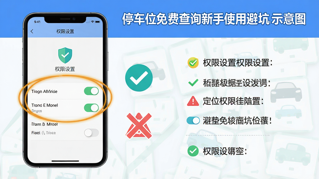 停车位免费查询新手使用避坑指南示意图,主体为一部手机屏幕展示权限设置界面,界面中定位权限选项被高亮圈出,旁边配有对勾与叉号对比图标,布局为左侧手机右侧文字标注,排版采用上下分区上方为标题下方为要点列表,风格为扁平化信息图风格,细节包含权限开关按钮、盾牌安全图标、红色警示三角、绿色确认圆点,画质为高清UI渲染,画面干净整洁,图中文字标注