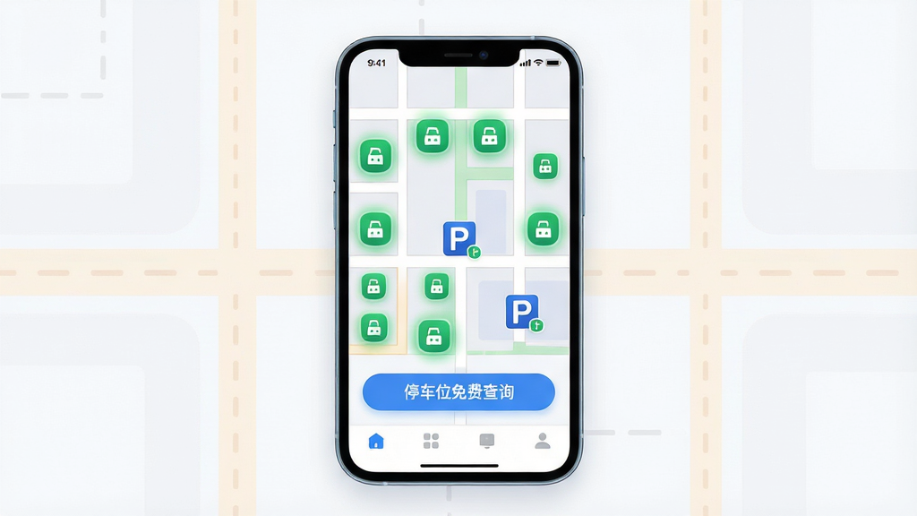 停车位免费查询软件主界面展示,主体为一部智能手机屏幕,屏幕上呈现简洁的停车位地图界面,标注多个绿色空闲车位图标与蓝色停车场标识,布局为居中手机展示配合周边淡色道路线条装饰,排版采用上下结构上方为状态栏下方为功能按钮,风格为现代扁平化科技风,细节包含手机边框圆角处理、地图道路网格清晰、车位图标带有高亮光晕、底部导航栏图标简洁,画质为高清渲染,画面干净无多余元素,图中文字标注