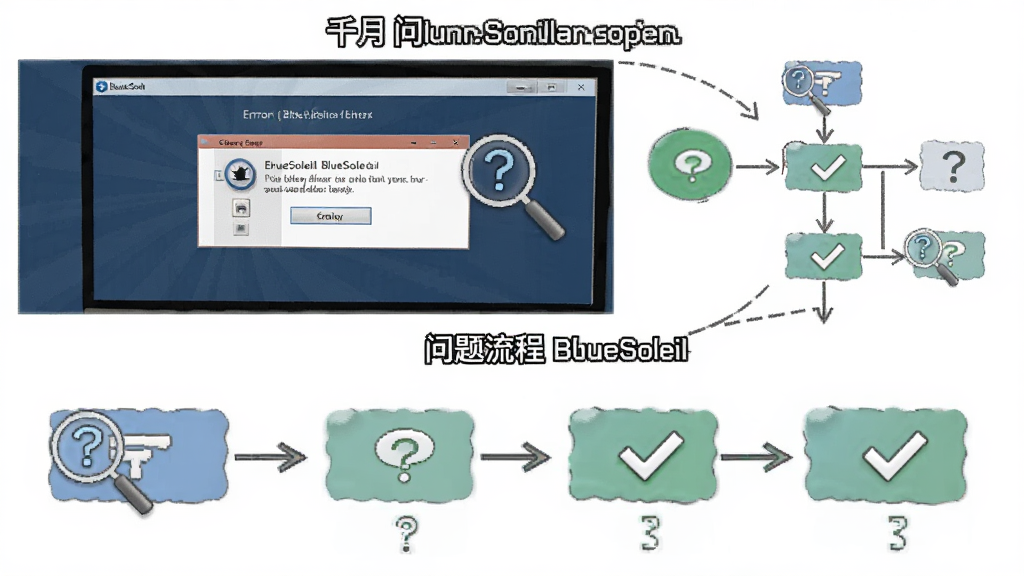 一张展示千月(BlueSoleil)问题排查步骤的示意图,主体为电脑屏幕显示软件错误提示与解决流程图,布局为上下结构,上方为问题截图,下方为步骤列表,排版清晰,风格为信息图表风,细节包含放大镜、问号图标、对勾标记,画质高清,画面干净,无多余元素。