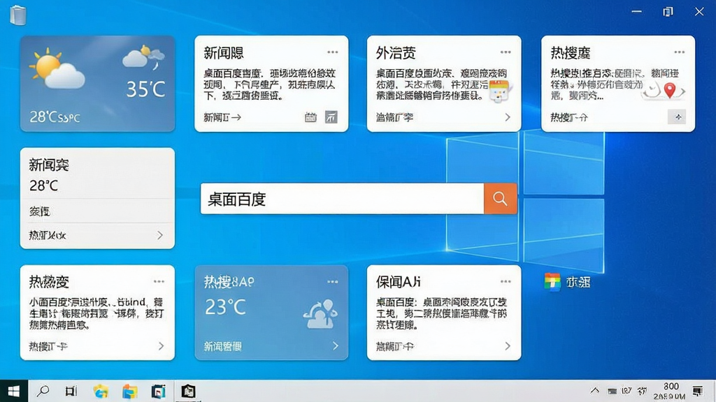 一张展示桌面百度软件主界面的全景图,画面中央是简洁的搜索框,背景是Windows桌面,搜索框内显示“桌面百度”字样,周围环绕着天气、新闻、热搜等小卡片,整体风格清爽现代,画质清晰,干净无多余元素