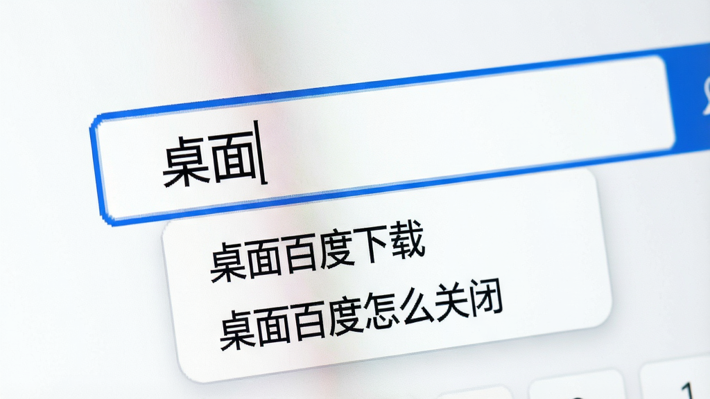 一张展示桌面百度智能联想功能的特写图,搜索框内输入“桌面”二字,下方弹出“桌面百度下载”“桌面百度怎么关闭”等联想词,界面干净,风格现代,画质清晰,无多余元素