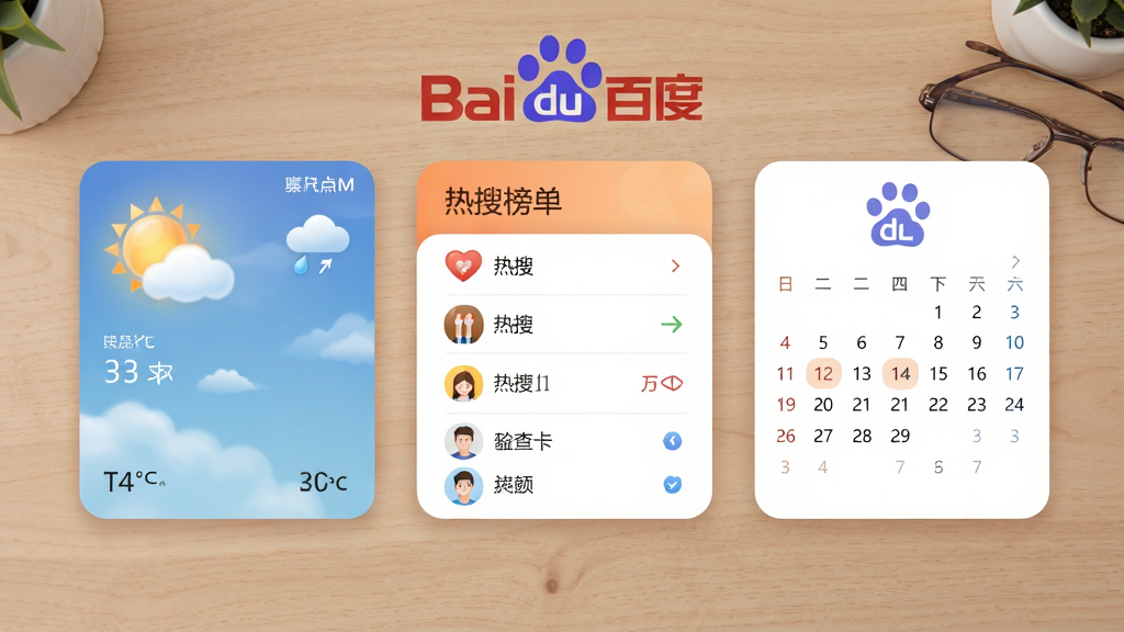 一张展示桌面百度个性化卡片功能的图片,桌面上排列着天气卡片、热搜榜单卡片和日历卡片,卡片设计圆润,色彩柔和,整体布局有序,画质清晰,干净无多余元素