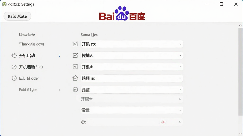 一张展示桌面百度设置界面的图片,界面中包含快捷键设置、开机启动、贴边隐藏等选项,风格简洁明了,画质清晰,无多余元素