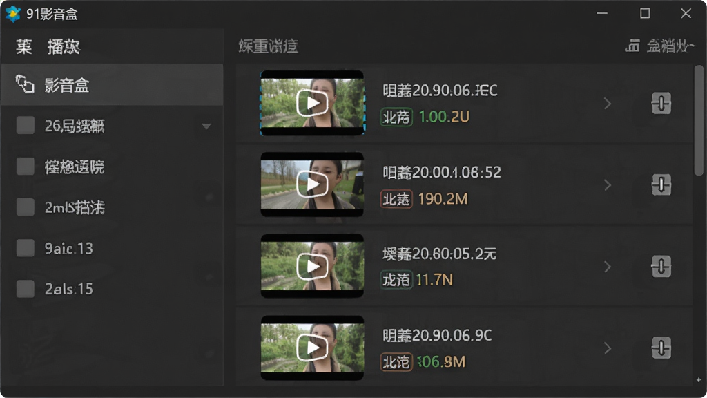 一张展示91影音盒播放列表管理界面的图片,画面中软件窗口左侧显示播放列表名称,右侧显示列表内多个视频文件条目,带有拖拽排序图标,背景为深灰色主题,风格为实用型UI设计,细节包括文件时长、格式标签,画质清晰,干净,无多余元素