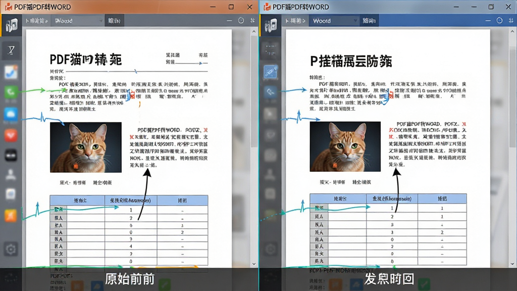 一张展示PDF猫PDF转WORD精准排版还原功能的图片,主体为软件转换前后的对比界面,布局为左右分栏,左侧显示原始PDF文档,右侧显示转换后的Word文档;排版清晰,风格为科技感写实风;细节包括文字对齐、图片位置、表格线条的对比,软件名称“PDF猫PDF转WORD”出现在界面顶部;画质清晰,干净,无多余元素