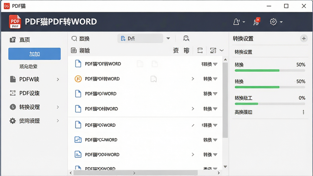 一张展示PDF猫PDF转WORD软件界面的图片,主体为软件主窗口,布局清晰,左侧为功能导航栏,中间为文件列表区域,右侧为转换设置面板;排版整齐,风格为现代简约商务风;细节包括软件logo“PDF猫PDF转WORD”、文件添加按钮、转换进度条;画质清晰,干净,无多余元素
