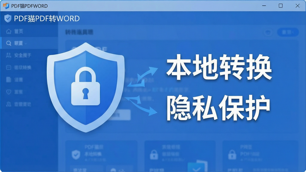 一张展示PDF猫PDF转WORD安全本地处理特点的图片,主体为软件界面中的安全提示图标和本地转换标识,布局以软件主界面为背景,突出显示“本地转换”和“隐私保护”字样;排版简洁,风格为安全可信的蓝色调;细节包括盾牌图标、锁形图标,软件名称“PDF猫PDF转WORD”在角落;画质清晰,干净,无多余元素