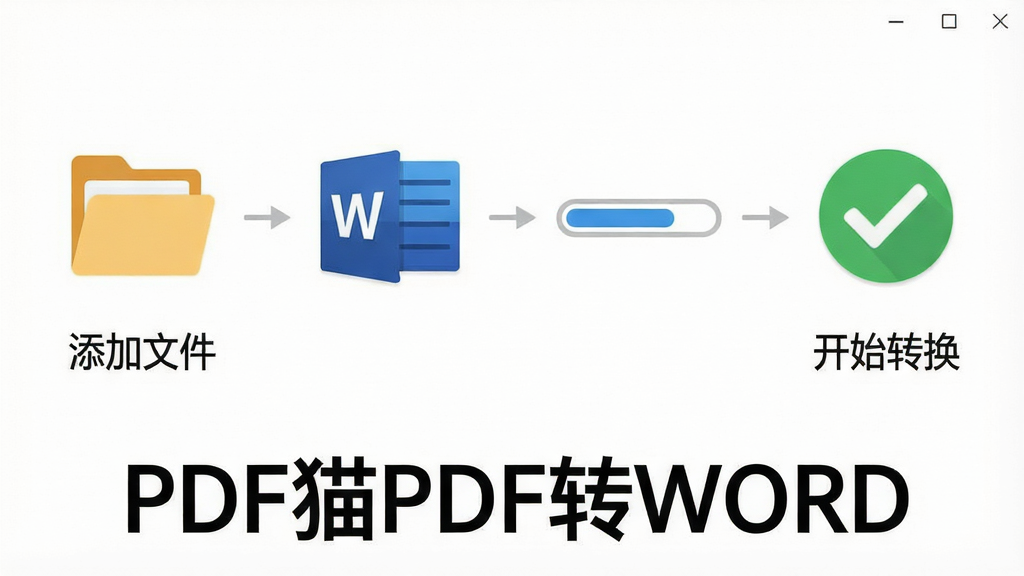 一张展示PDF猫PDF转WORD使用步骤的示意图,主体为软件操作流程的四个步骤图标,布局为横向排列,从“添加文件”到“开始转换”;排版直观,风格为扁平化图标风;细节包括文件夹图标、Word图标、进度条、完成勾选,软件名称“PDF猫PDF转WORD”在下方;画质清晰,干净,无多余元素