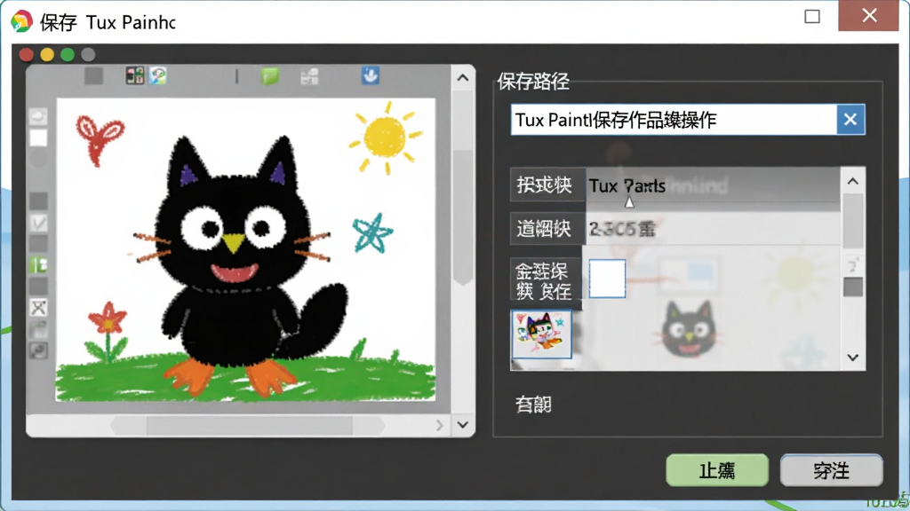 一张Tux Paint保存作品操作的示意图,画面展示软件保存对话框,左侧是画作缩略图预览,右侧是保存路径选择区域,界面文字为中文,整体风格简洁实用,布局清晰,画质干净,无冗余元素