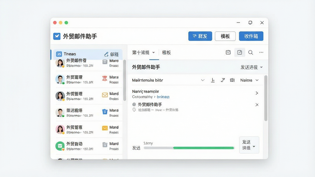 一张简洁明亮的软件界面展示图,画面中央是“外贸邮件助手”主界面窗口,左侧显示多个邮箱账户列表,右侧是邮件编写区域,顶部有“群发”“模板”“收件箱”等导航按钮,整体布局清晰,风格现代商务,细节包括邮件图标、客户头像、发送进度条,画质高清,画面干净,无多余元素