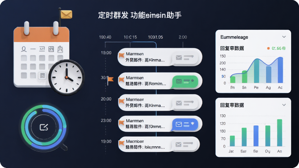 一张AI生成图,主题为“外贸邮件助手”的定时群发功能界面,画面展示日历与时钟图标,邮件列表按时间轴排列,右侧有打开率与回复率的数据图表,风格商务科技感,细节包括进度环、小旗帜标记、邮件气泡,画质高清,画面干净整洁