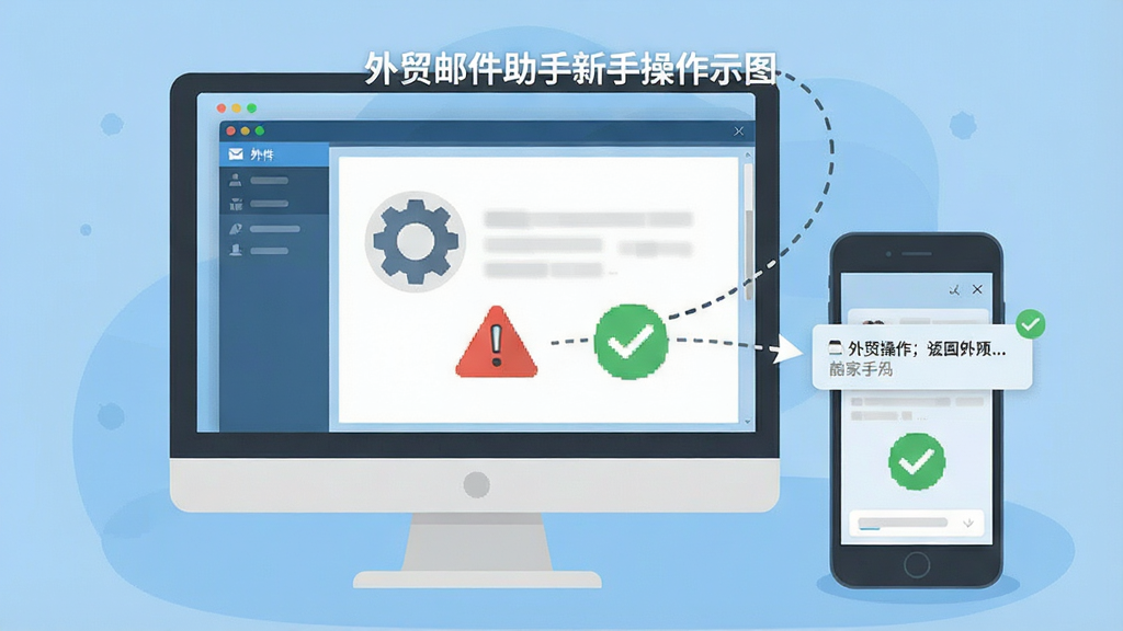 一张“外贸邮件助手”新手操作示意图,画面展示电脑屏幕上的软件界面,旁边有手机显示邮件通知,中间用虚线箭头连接,风格扁平化教学插图,细节包括齿轮图标、警示标志、对勾符号,画质清晰,布局整洁,无多余文字