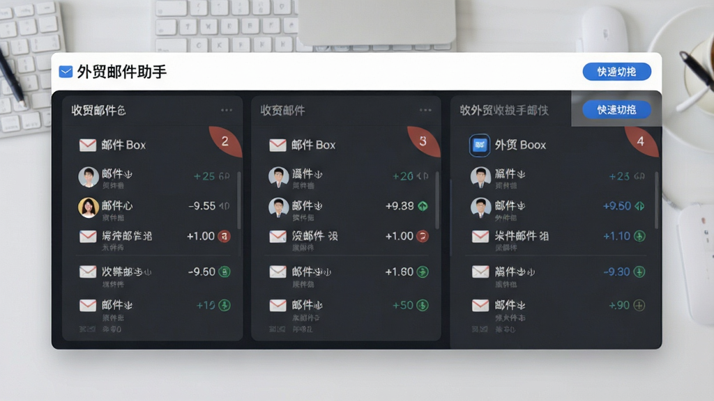 一张软件功能展示图,画面中“外贸邮件助手”界面同时显示三个邮箱账户的收件箱概览,每个账户下方有未读邮件数量标记,右侧有快速切换按钮,背景为浅灰色办公桌面,风格简洁专业,细节包括邮件信封图标、账户头像、数字角标,画质清晰,干净无杂乱
