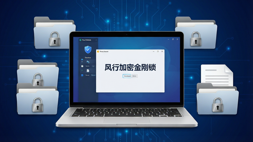 一张展示电脑桌面文件安全防护概念的图片,画面中央是一台打开的笔记本电脑,屏幕上显示“风行加密金刚锁”软件界面,周围环绕着带有锁形图标的文件夹和文档,背景为深蓝色科技感渐变,布局采用居中构图,风格简洁现代,细节上文件夹有金属质感锁扣,画质清晰,干净,无多余元素