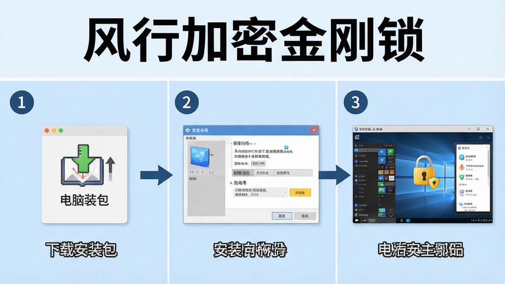 一张展示电脑软件安装过程的步骤图,画面分为三个部分,左侧是下载安装包,中间是安装向导界面,右侧是软件主界面,顶部有“风行加密金刚锁”标题,布局为横向流程式,风格为教程图解风,细节上每个步骤有数字标注,背景为浅蓝色,画质清晰,干净,无多余元素