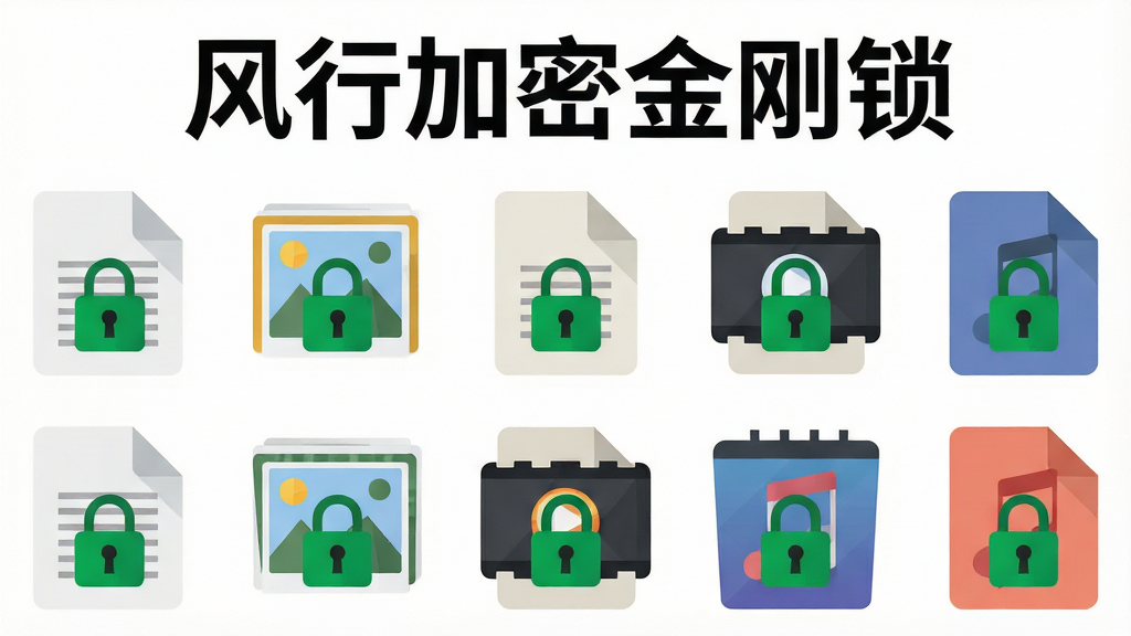 一张展示多种文件类型被加密保护的图片,画面中多个不同格式的文件图标(文档、图片、视频、音频)排列整齐,每个图标上都有一个绿色小锁标志,上方有“风行加密金刚锁”文字标题,布局为网格状排列,风格为图标扁平化,细节上文件图标清晰可辨,背景为白色,画质清晰,干净,无多余元素