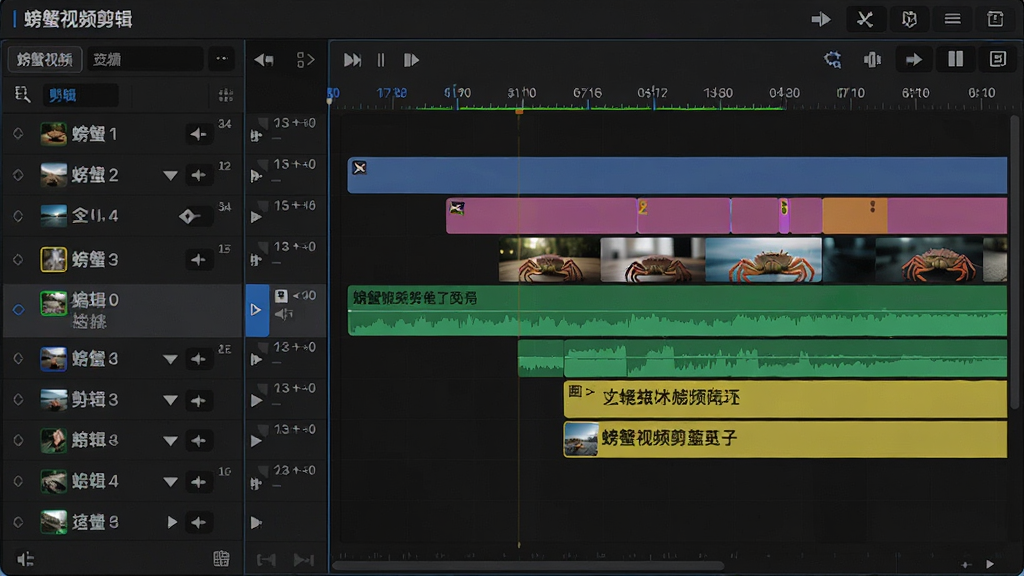 画面中展示“螃蟹视频剪辑”的多轨道时间轴界面,左侧是轨道列表,右侧是彩色视频条、绿色音频条和黄色文字条,时间刻度清晰,背景为深色专业剪辑风格,布局整齐,细节丰富,画质干净,无多余元素