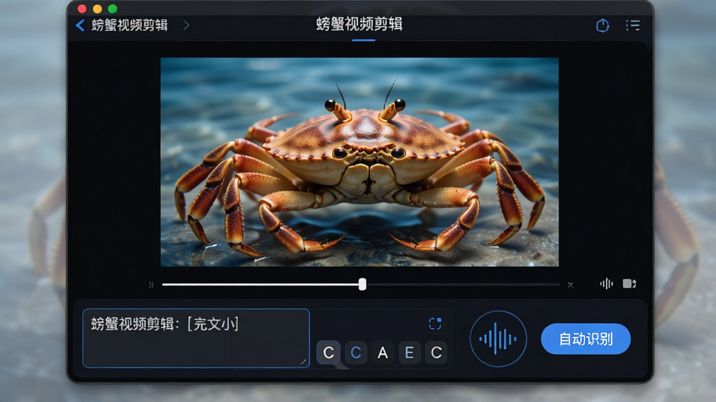 画面中展示“螃蟹视频剪辑”的字幕编辑界面,屏幕中央是视频预览画面,下方有文字输入框和字体样式选项,旁边有语音波形图标和自动识别按钮,风格简洁科技感,布局清晰,细节丰富,画质干净,无多余元素