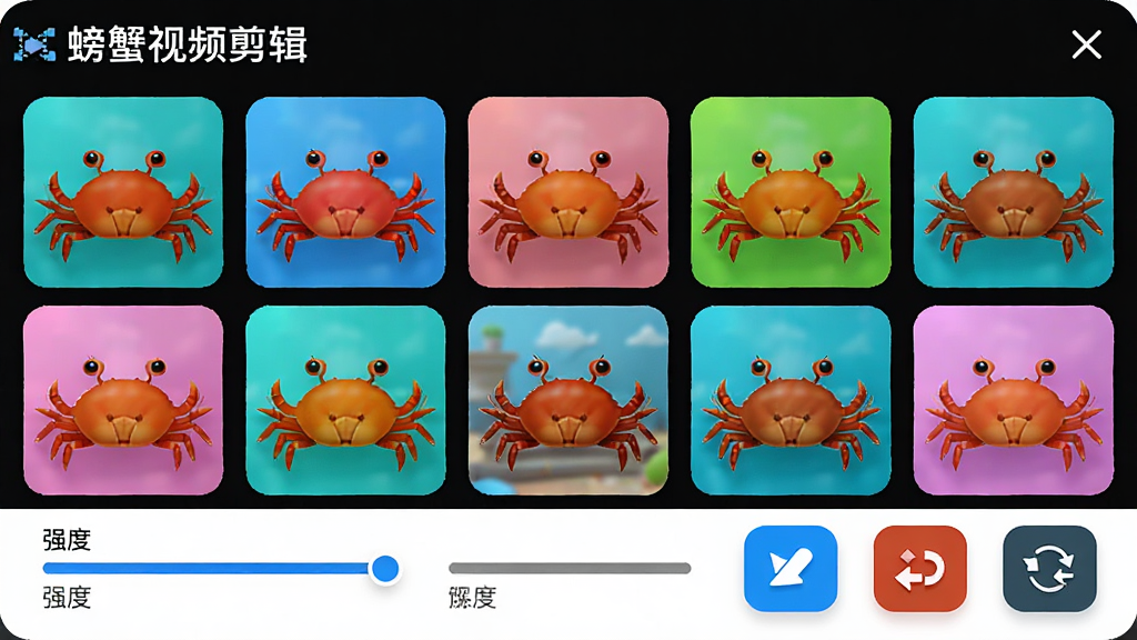 画面展示“螃蟹视频剪辑”的滤镜选择面板,屏幕上排列着多个彩色滤镜缩略图,下方有强度调节滑块,旁边有转场图标展示,风格明亮活泼,布局为网格状,细节清晰,画质干净,无多余元素