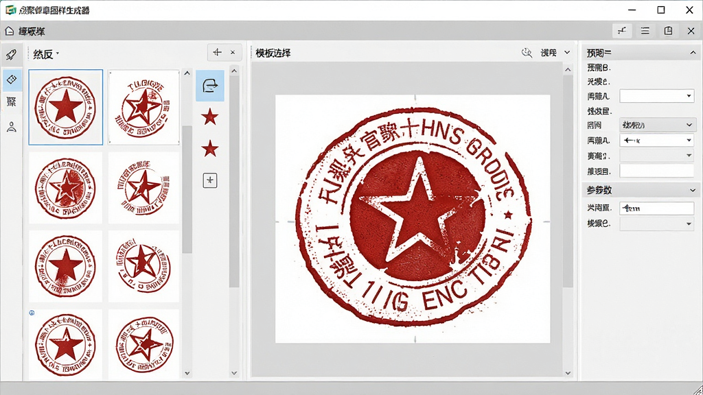 一张展示点聚印章图样生成器软件界面的全景图,主体为软件操作窗口,布局采用左右分栏结构,左侧为印章模板选择区,右侧为图样预览与参数设置区,界面风格为简约商务风,细节包含印章圆形外框、五角星图案、红色印泥质感、文字环绕效果,画质清晰干净无多余元素