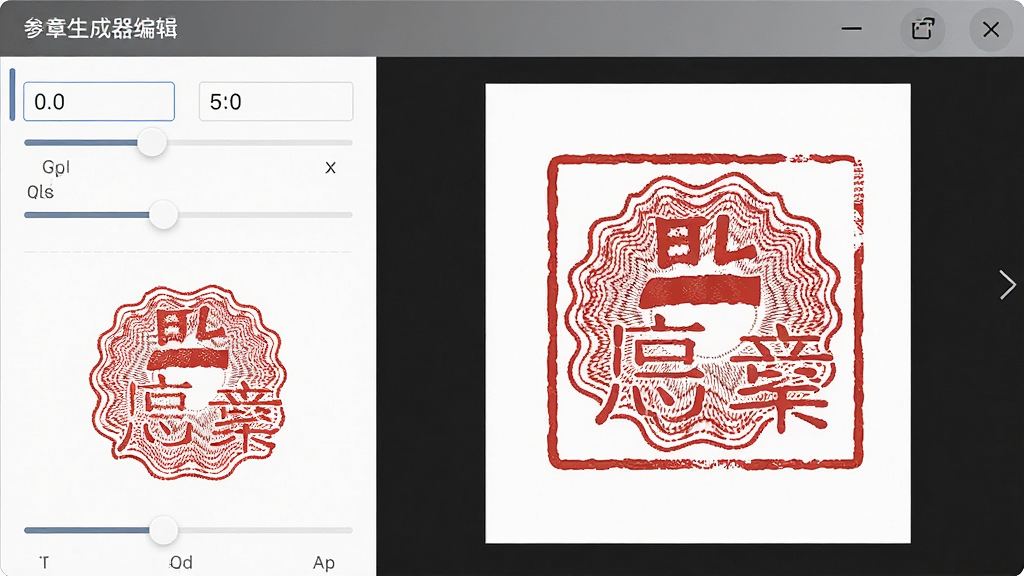 一张展示点聚印章图样生成器编辑功能的操作界面图,主体为参数调节面板与实时预览区域,布局采用上下结构,风格为简约商务风,细节包含数值输入框、滑块调节控件、印章实时预览效果、红色印章图样、防伪纹路细节,画质清晰干净无多余元素