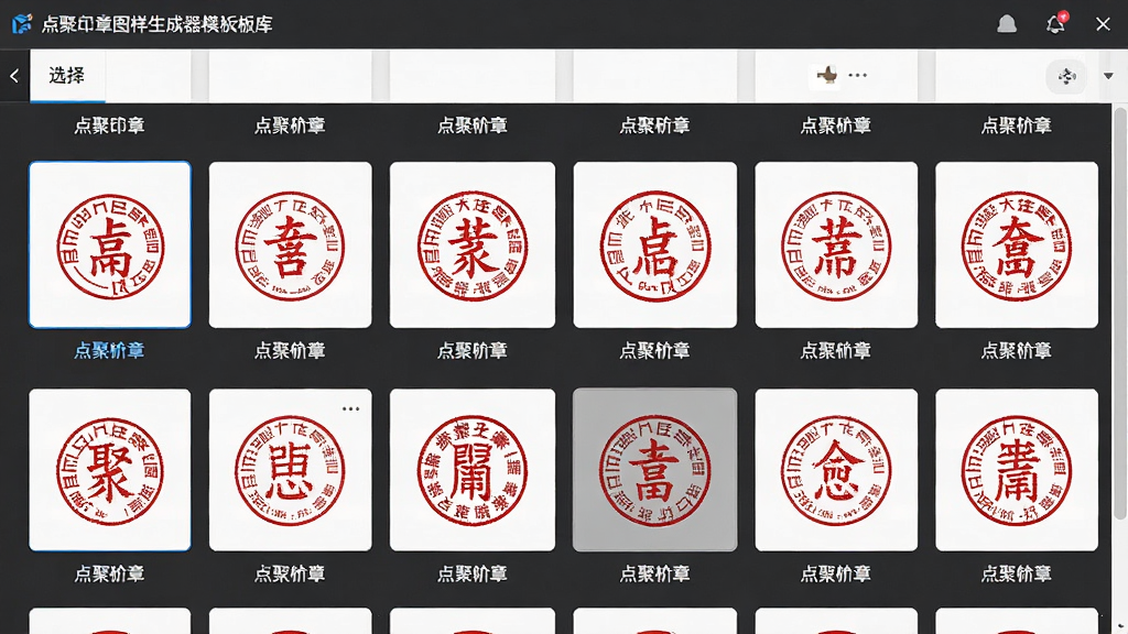 一张展示点聚印章图样生成器模板库的界面截图,主体为软件模板选择面板,布局采用网格排列方式,风格为简约商务风,细节包含多个圆形印章缩略图、红色印章图样、文字标签、选中高亮效果,画质清晰干净无多余元素