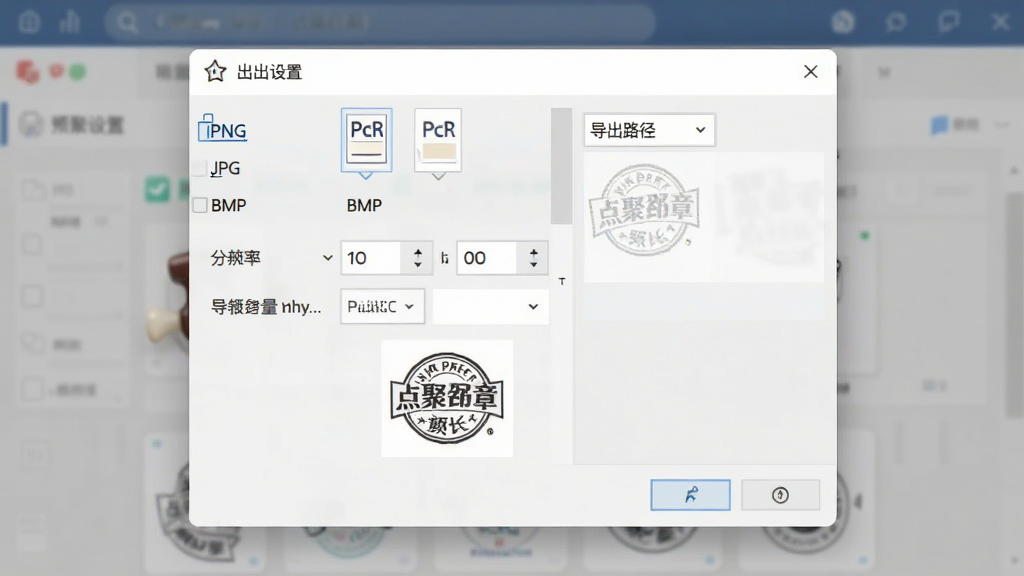一张展示点聚印章图样生成器导出功能的界面图,主体为导出设置对话框与格式选择列表,布局采用弹出窗口形式,风格为简约商务风,细节包含PNG、JPG、BMP等格式选项、分辨率设置、导出路径选择、印章预览缩略图,画质清晰干净无多余元素
